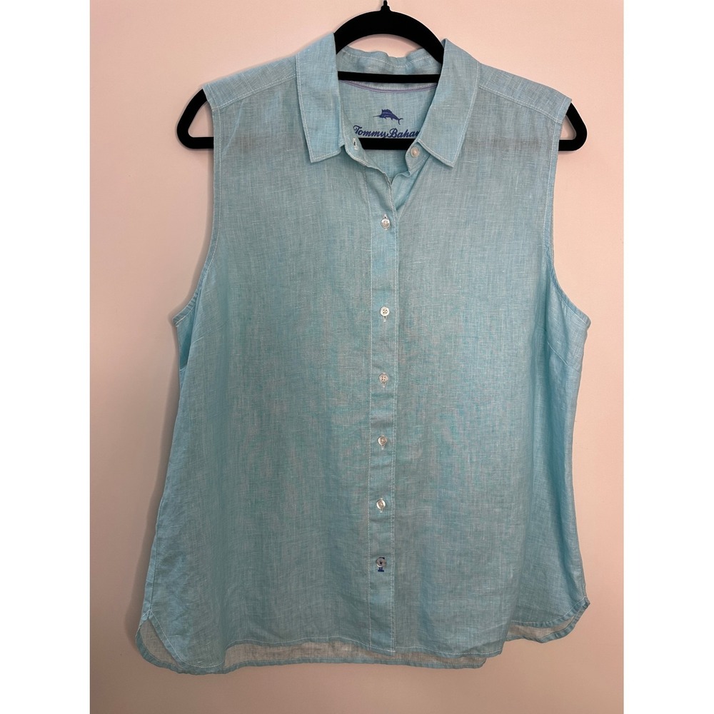 Tommy Bahama Sea Glass Breezer Sleeveless Linen Shirt Blue Large Vacation Top - Picture 9 of 9